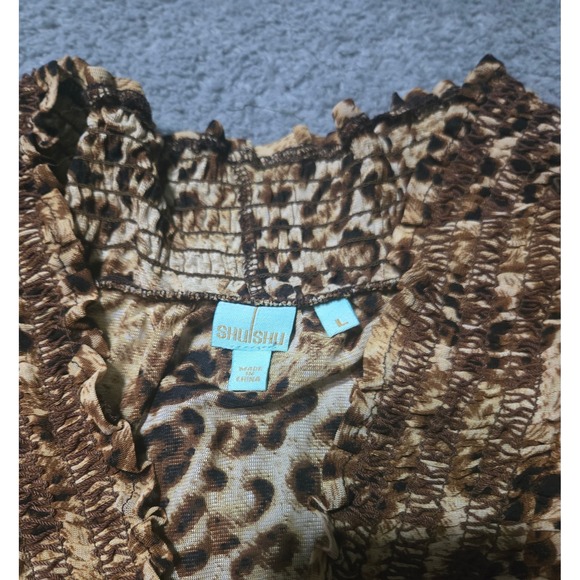 ShuShu Leopard Animal Print Boho Top Size L Smocked Neckline Tribal Border FLAWS - Picture 6 of 11